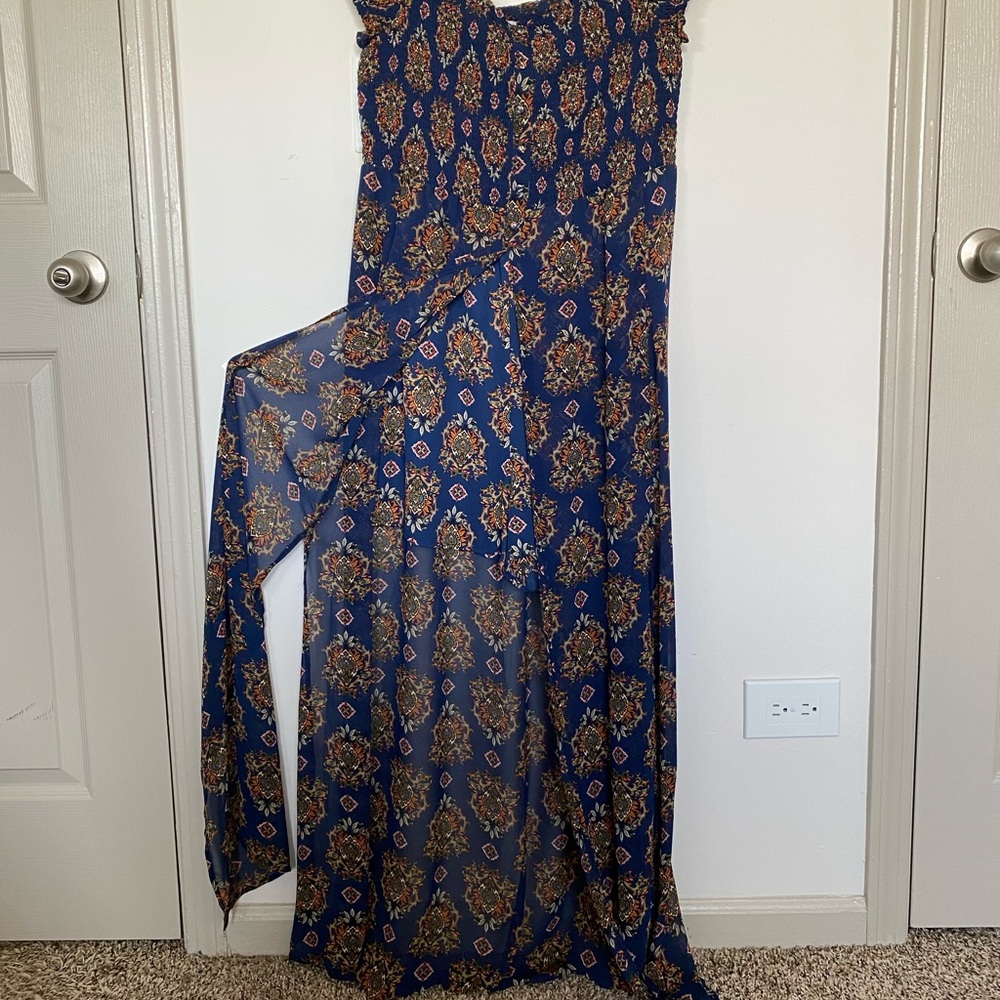 Blue off the shoulder romper.